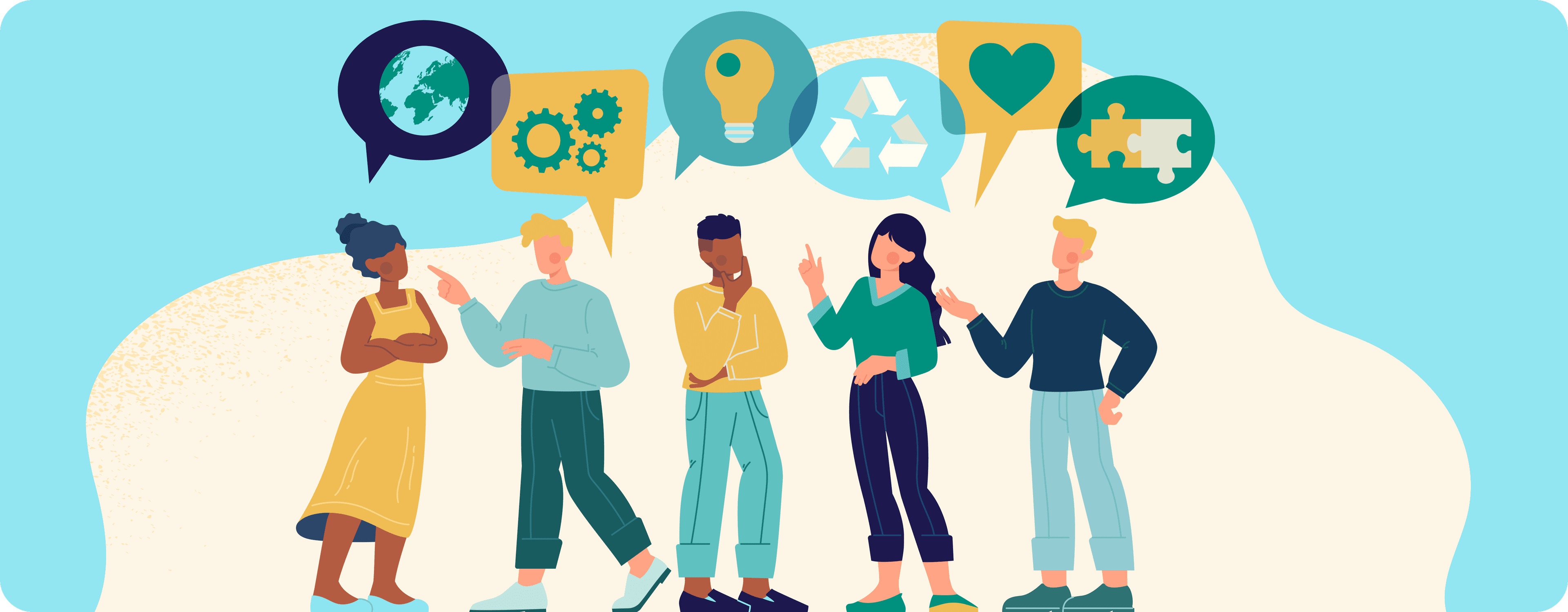 An illustration of five people with thought bubbles that feature icons for different sustainability categories.